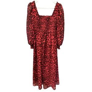 Betsey Johnson Y2K Pink Leopard Print Smocked Maxi Dress Puff Sleeve Size Medium